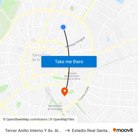 Tercer Anillo Interno Y Av. Alemania to Estadio Real Santa Cruz map