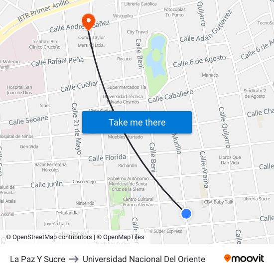 La Paz Y Sucre to Universidad Nacional Del Oriente map