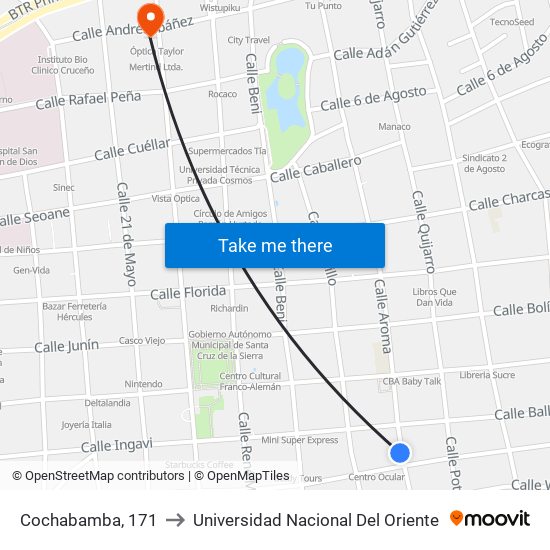 Cochabamba, 171 to Universidad Nacional Del Oriente map