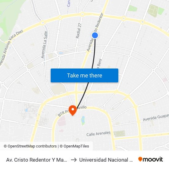 Av. Cristo Redentor Y Manuel Marcó to Universidad Nacional Del Oriente map