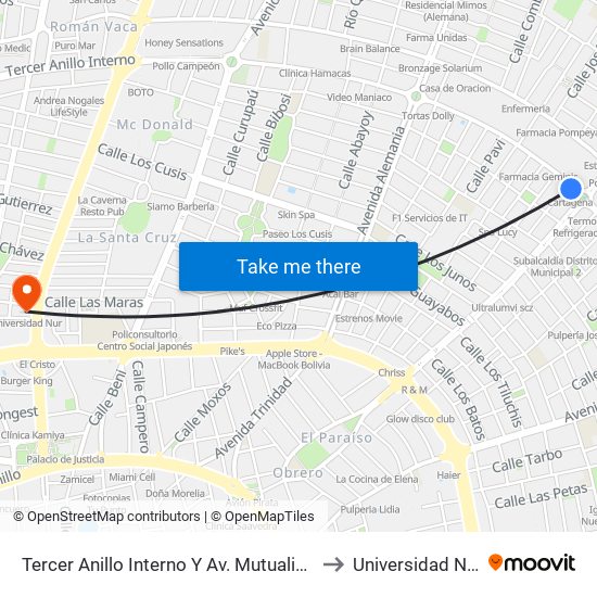 Tercer Anillo Interno Y Av. Mutualista to Universidad Nur map