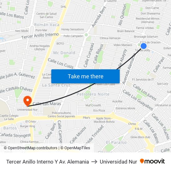 Tercer Anillo Interno Y Av. Alemania to Universidad Nur map