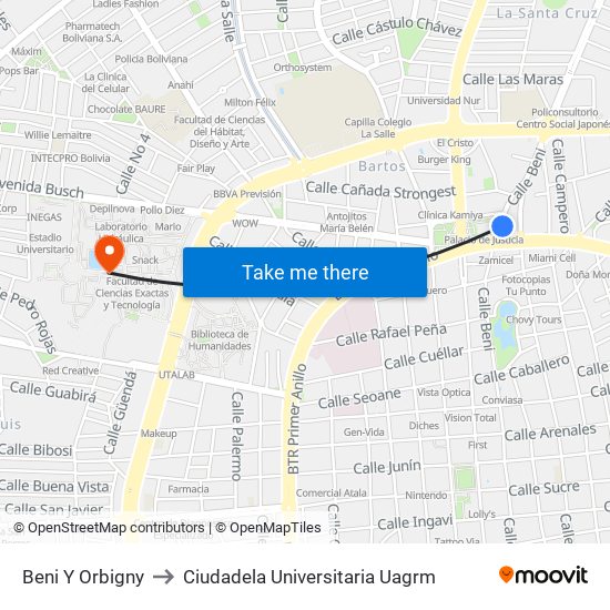 Beni Y Orbigny to Ciudadela Universitaria Uagrm map