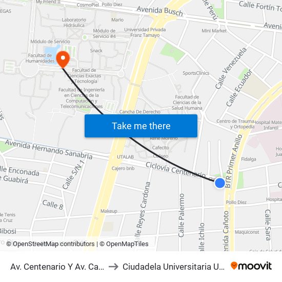 Av. Centenario Y Av. Cañoto to Ciudadela Universitaria Uagrm map