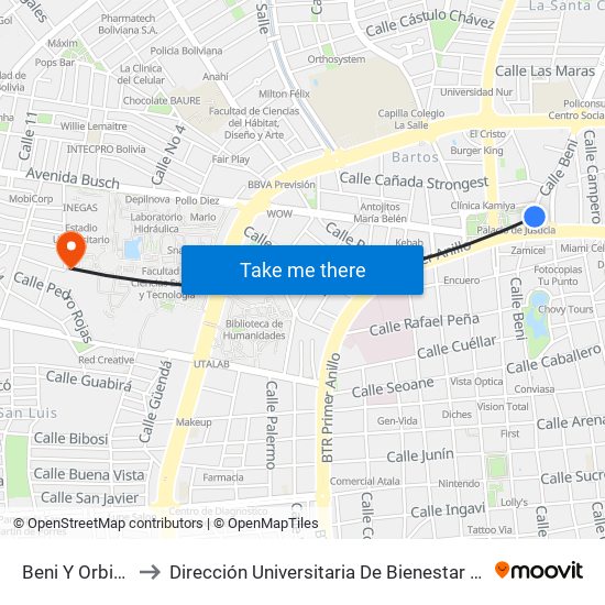 Beni Y Orbigny to Dirección Universitaria De Bienestar Social map