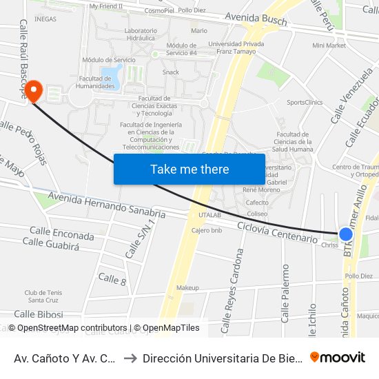 Av. Cañoto Y Av. Centenario to Dirección Universitaria De Bienestar Social map