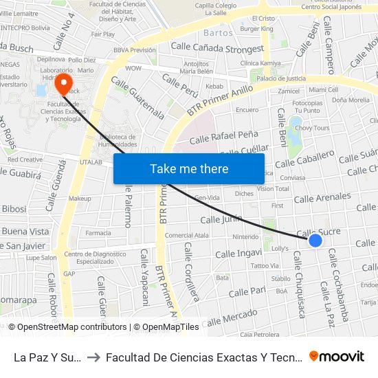 La Paz Y Sucre to Facultad De Ciencias Exactas Y Tecnología map