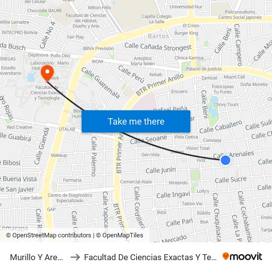 Murillo Y Arenales to Facultad De Ciencias Exactas Y Tecnología map