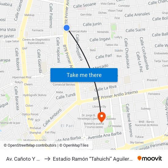 Av. Cañoto Y Junín to Estadio Ramón “Tahuichi” Aguilera Costas map
