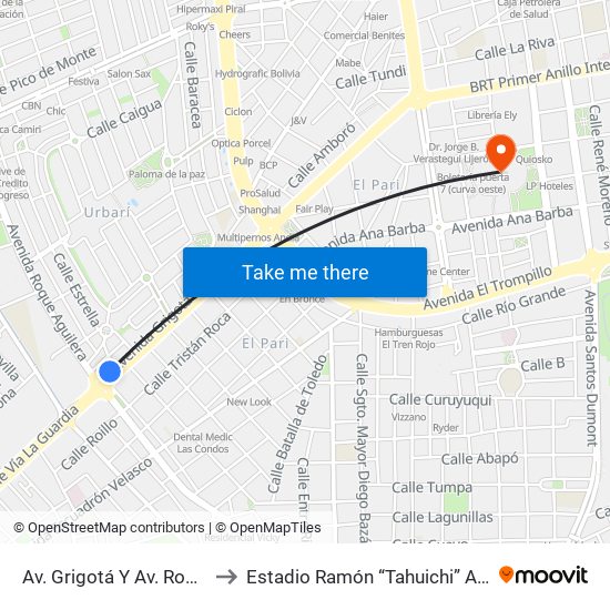 Av. Grigotá Y Av. Roque Aguilera to Estadio Ramón “Tahuichi” Aguilera Costas map