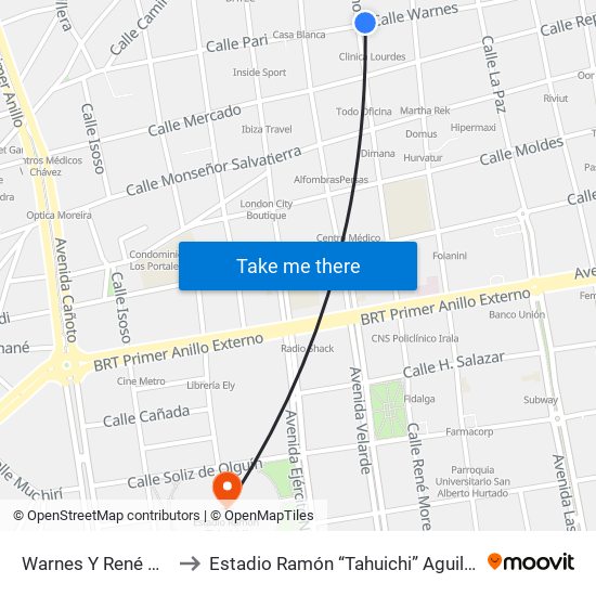 Warnes Y René Moreno to Estadio Ramón “Tahuichi” Aguilera Costas map