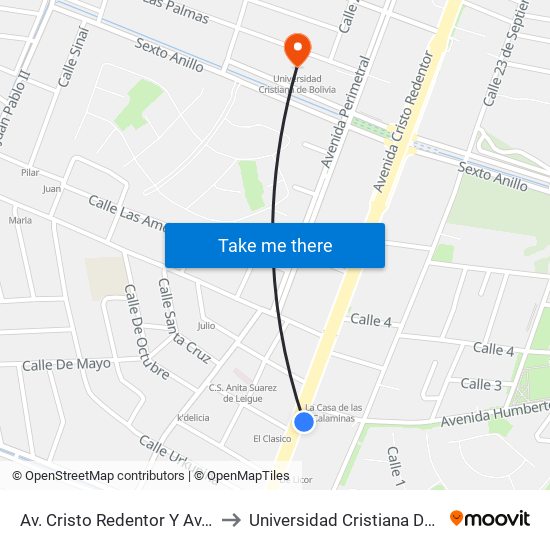 Av. Cristo Redentor Y Av. Leigue to Universidad Cristiana De Bolivia map