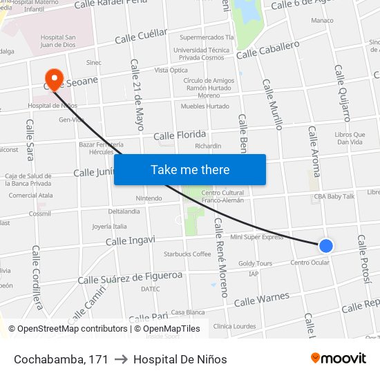 Cochabamba, 171 to Hospital De Niños map