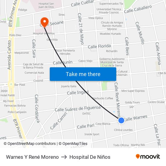 Warnes Y René Moreno to Hospital De Niños map