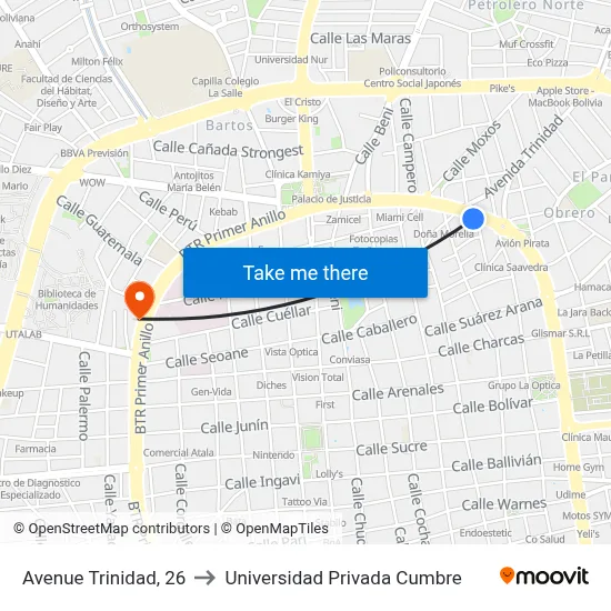 Avenue Trinidad, 26 to Universidad Privada Cumbre map