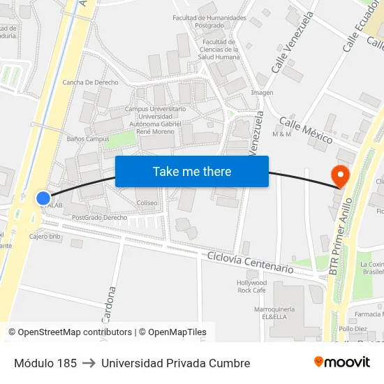 Módulo 185 to Universidad Privada Cumbre map
