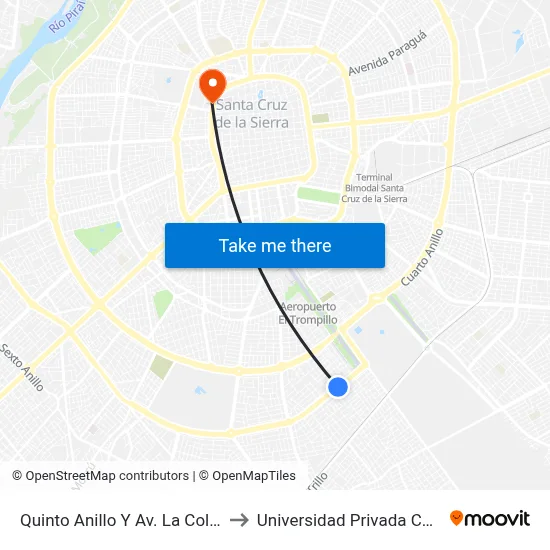 Quinto Anillo Y Av. La Colorada to Universidad Privada Cumbre map