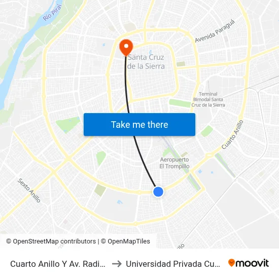 Cuarto Anillo Y Av. Radial 13 to Universidad Privada Cumbre map