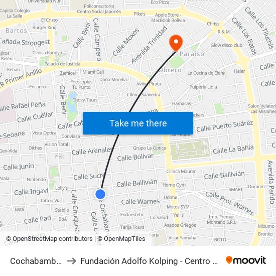 Cochabamba, 171 to Fundación Adolfo Kolping - Centro Multifuncional map