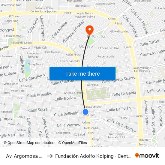 Av. Argomosa Y Ballivián to Fundación Adolfo Kolping - Centro Multifuncional map