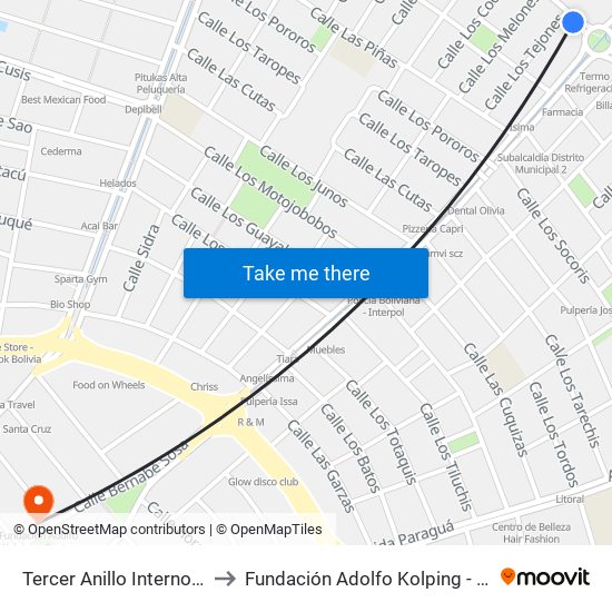 Tercer Anillo Interno Y Av. Mutualista to Fundación Adolfo Kolping - Centro Multifuncional map