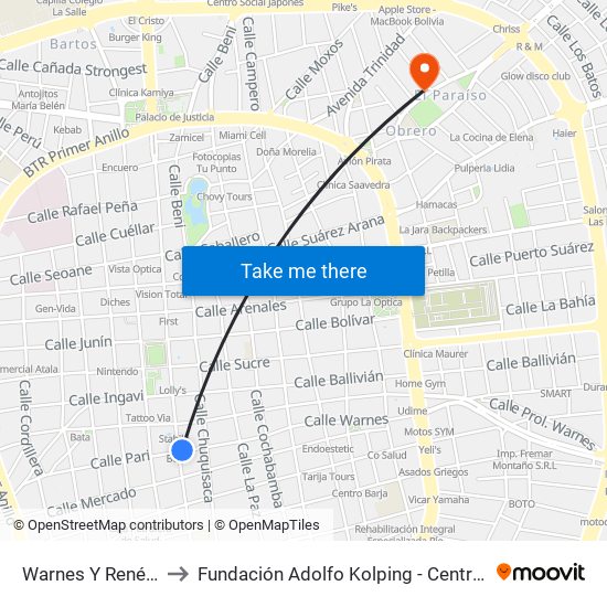 Warnes Y René Moreno to Fundación Adolfo Kolping - Centro Multifuncional map