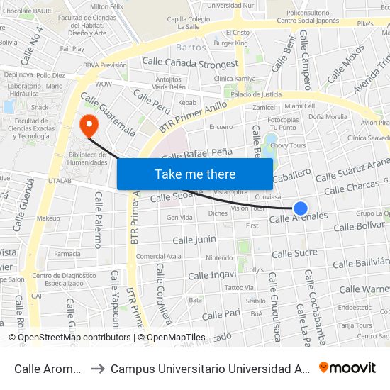Calle Aroma Y Arenales to Campus Universitario Universidad Autónoma Gabriel René Moreno map