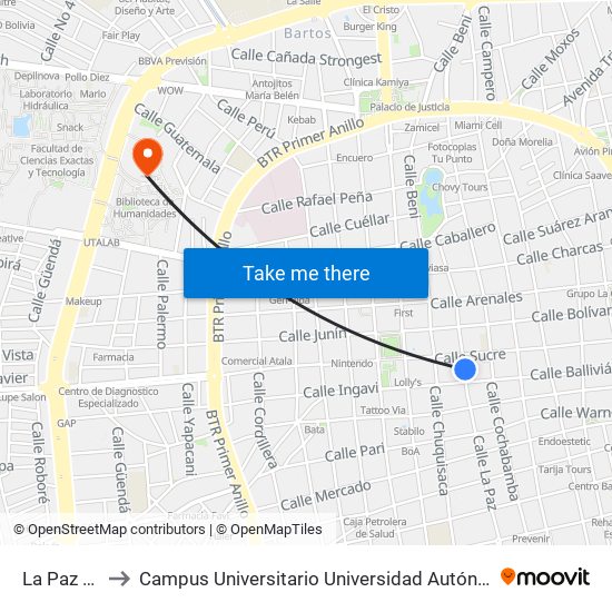 La Paz Y Sucre to Campus Universitario Universidad Autónoma Gabriel René Moreno map