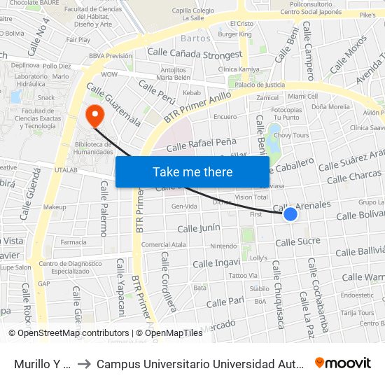 Murillo Y Arenales to Campus Universitario Universidad Autónoma Gabriel René Moreno map