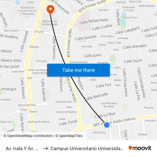 Av. Irala Y Av. Ejército Nacional to Campus Universitario Universidad Autónoma Gabriel René Moreno map