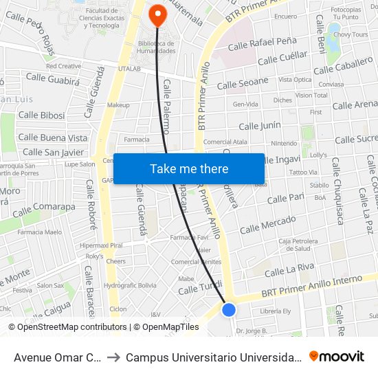Avenue Omar Chavez Ortiz, 1151 to Campus Universitario Universidad Autónoma Gabriel René Moreno map