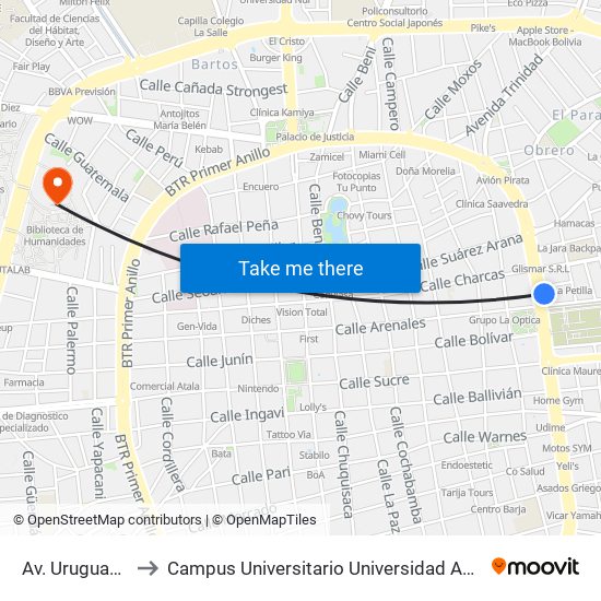 Av. Uruguay Y Tumusla to Campus Universitario Universidad Autónoma Gabriel René Moreno map