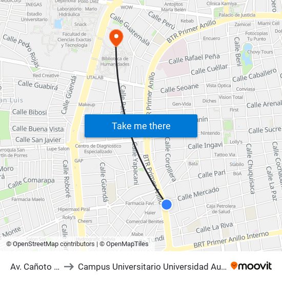 Av. Cañoto Y Mercado to Campus Universitario Universidad Autónoma Gabriel René Moreno map