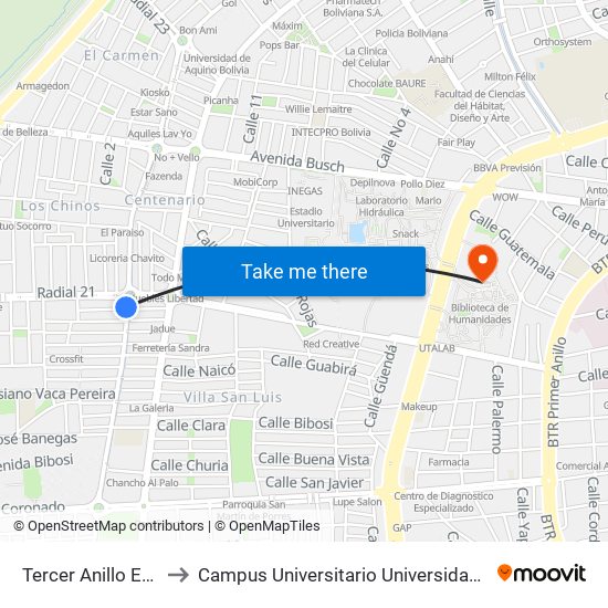 Tercer Anillo Externo Y Calle 11 to Campus Universitario Universidad Autónoma Gabriel René Moreno map