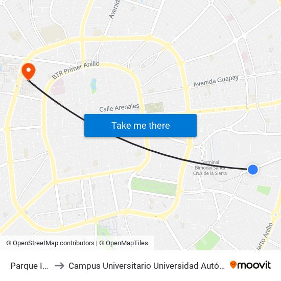 Parque Industrial to Campus Universitario Universidad Autónoma Gabriel René Moreno map