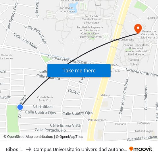 Bibosi, 2131 to Campus Universitario Universidad Autónoma Gabriel René Moreno map