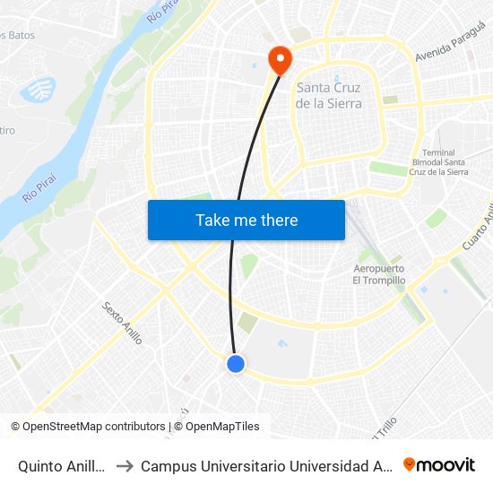 Quinto Anillo Y Av. Luján to Campus Universitario Universidad Autónoma Gabriel René Moreno map