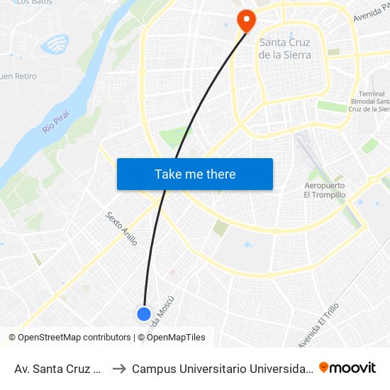 Av. Santa Cruz Y Av. Simón Bolívar to Campus Universitario Universidad Autónoma Gabriel René Moreno map