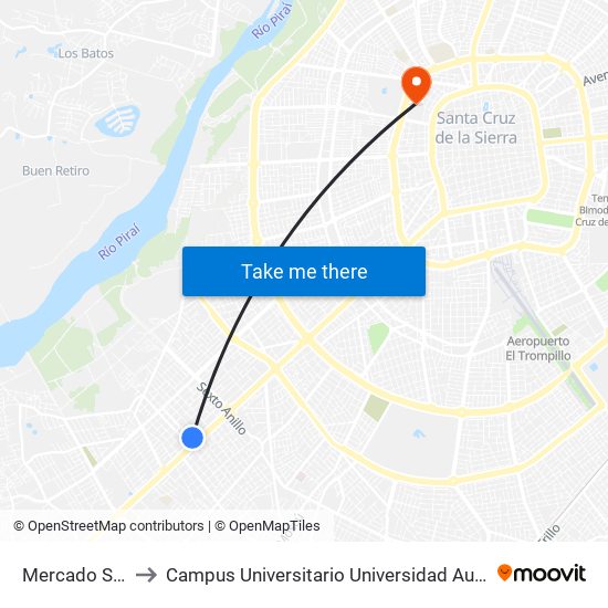 Mercado San Antonio to Campus Universitario Universidad Autónoma Gabriel René Moreno map