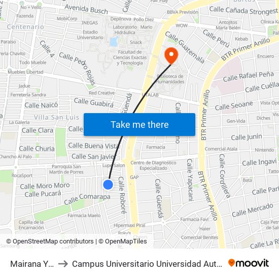 Mairana Y Pasillo 4 to Campus Universitario Universidad Autónoma Gabriel René Moreno map