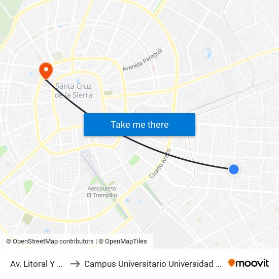 Av. Litoral Y Av. 16 De Julio to Campus Universitario Universidad Autónoma Gabriel René Moreno map