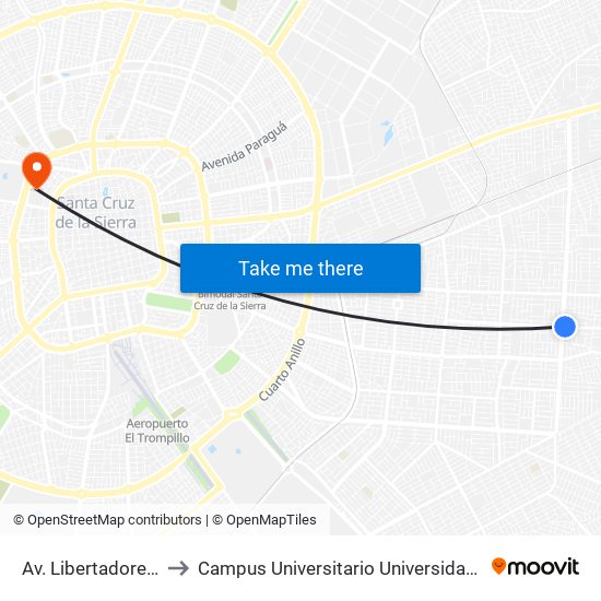 Av. Libertadores Y Octavo Anillo to Campus Universitario Universidad Autónoma Gabriel René Moreno map