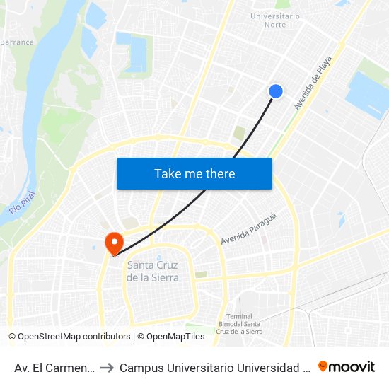 Av. El Carmen Y Sexto Anillo to Campus Universitario Universidad Autónoma Gabriel René Moreno map