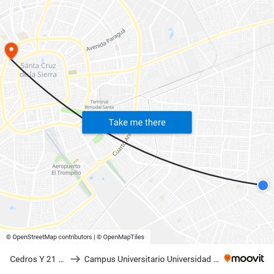 Cedros Y 21 De Septiembre to Campus Universitario Universidad Autónoma Gabriel René Moreno map