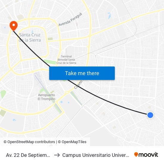 Av. 22 De Septiembre Y Av. Transcontinental to Campus Universitario Universidad Autónoma Gabriel René Moreno map