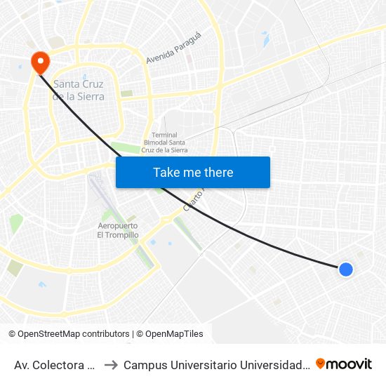 Av. Colectora Y 10 De Octubre to Campus Universitario Universidad Autónoma Gabriel René Moreno map