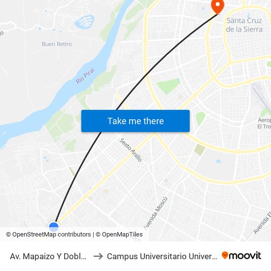 Av. Mapaizo Y Doble Vía Santa Cruz - La Guardia to Campus Universitario Universidad Autónoma Gabriel René Moreno map