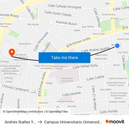 Andrés Ibañez Y 21 De Septiembre to Campus Universitario Universidad Autónoma Gabriel René Moreno map