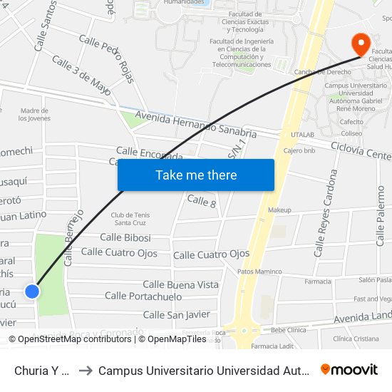 Churia Y Tucavaca to Campus Universitario Universidad Autónoma Gabriel René Moreno map