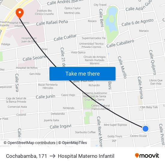 Cochabamba, 171 to Hospital Materno Infantil map